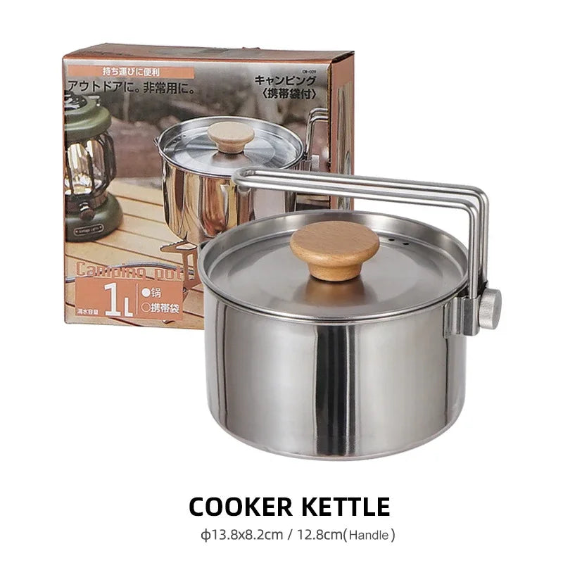 1L Camping Kettle Outdoor Multifunctional 304 Stainless Steel Kettle Mountaineering Portable Coffee Pot Foldable Camping Tea Pot