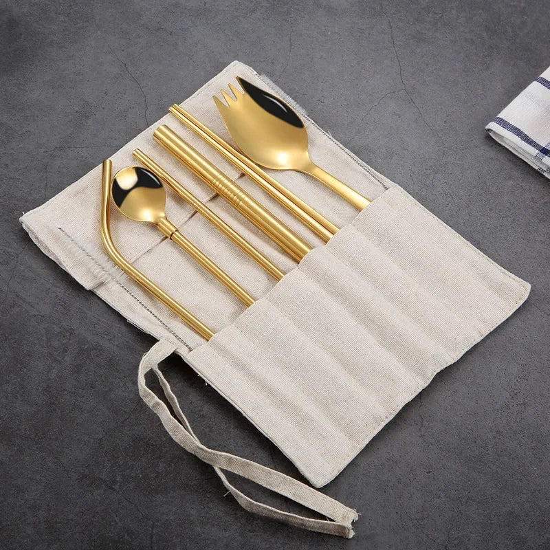 9-Piece 304 Stainless Steel Straw Set with Spoon Fork Chopstick