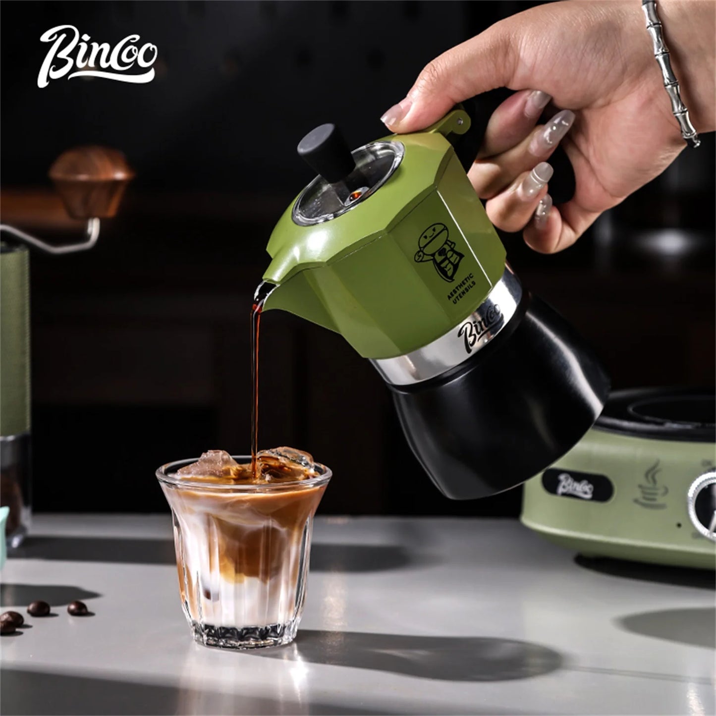 Bincoo Double Valve Moka Pot Espresso Machine Extraction Thermostatic Coffee Mocha Pot Set Outdoor Italian Home Barista Utensils