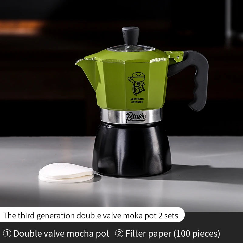 Bincoo Double Valve Moka Pot Espresso Machine Extraction Thermostatic Coffee Mocha Pot Set Outdoor Italian Home Barista Utensils