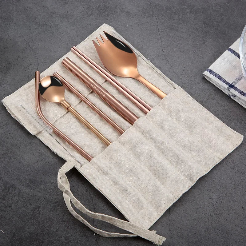 9-Piece 304 Stainless Steel Straw Set with Spoon Fork Chopstick