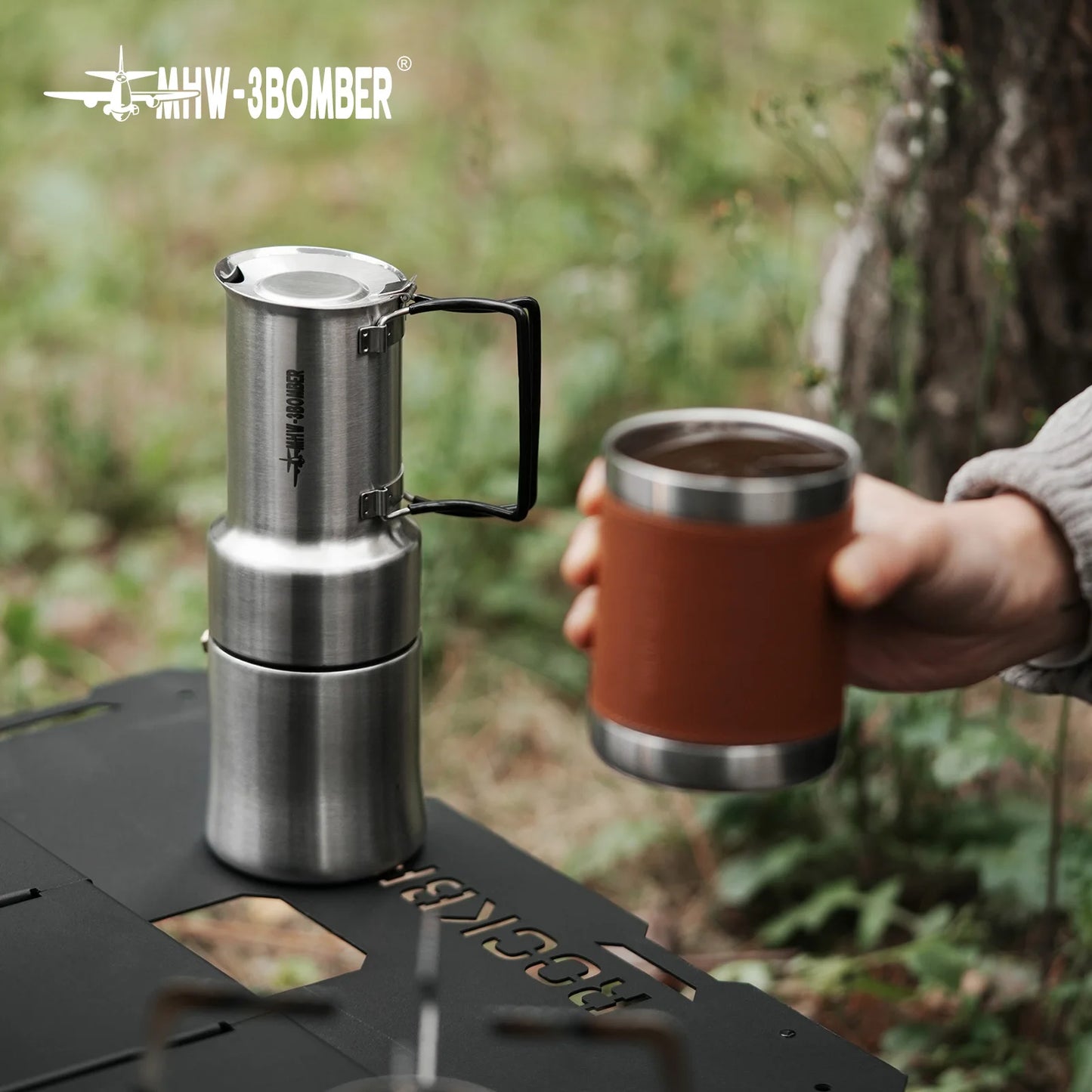 MHW-3BOMEBR Outdoors Moka Stovetop 350ML Espresso Coffee Pot Stainless Steel Portable Coffee Maker for Camping/Travel