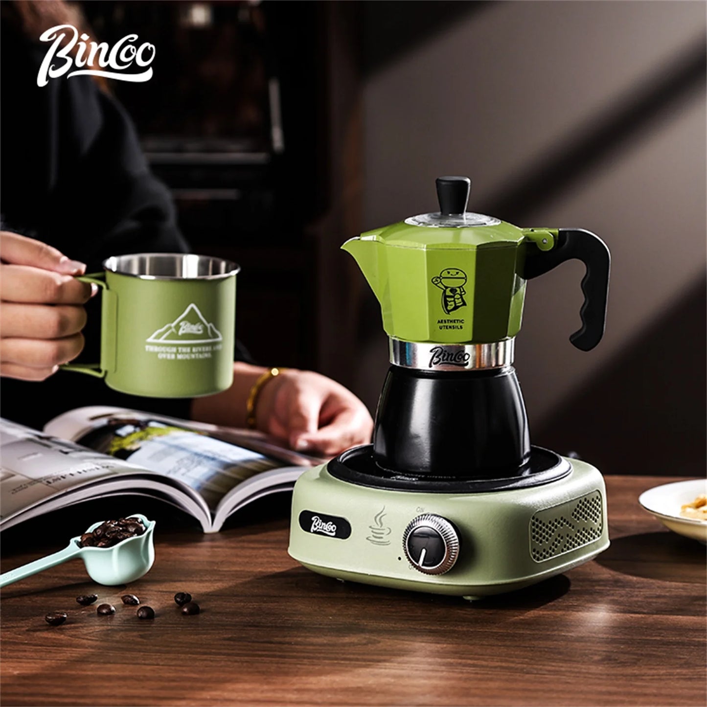 Bincoo Double Valve Moka Pot Espresso Machine Extraction Thermostatic Coffee Mocha Pot Set Outdoor Italian Home Barista Utensils
