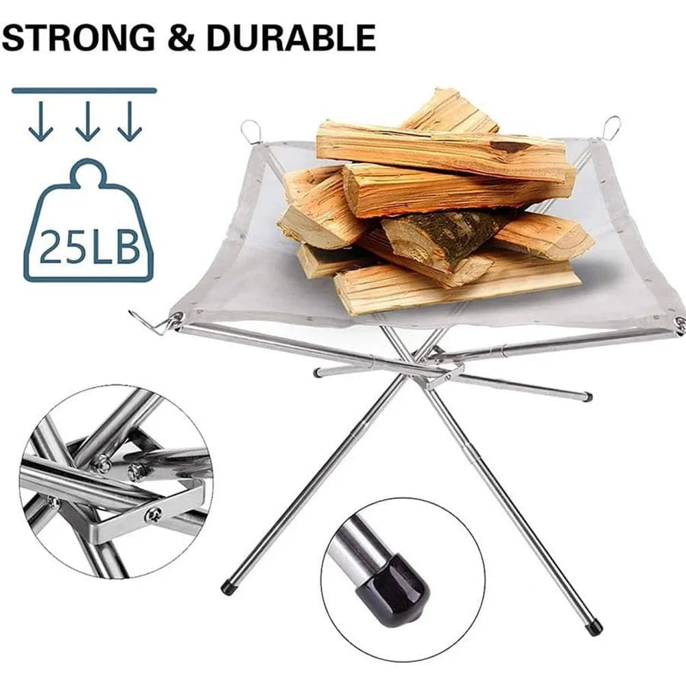 Stainless Steel Outdoor Camping Campfire Fire Rack Foldable Mesh Fire Pit Wood Stove Fire Frame Rack Garden Backyard BBQ Bonfire