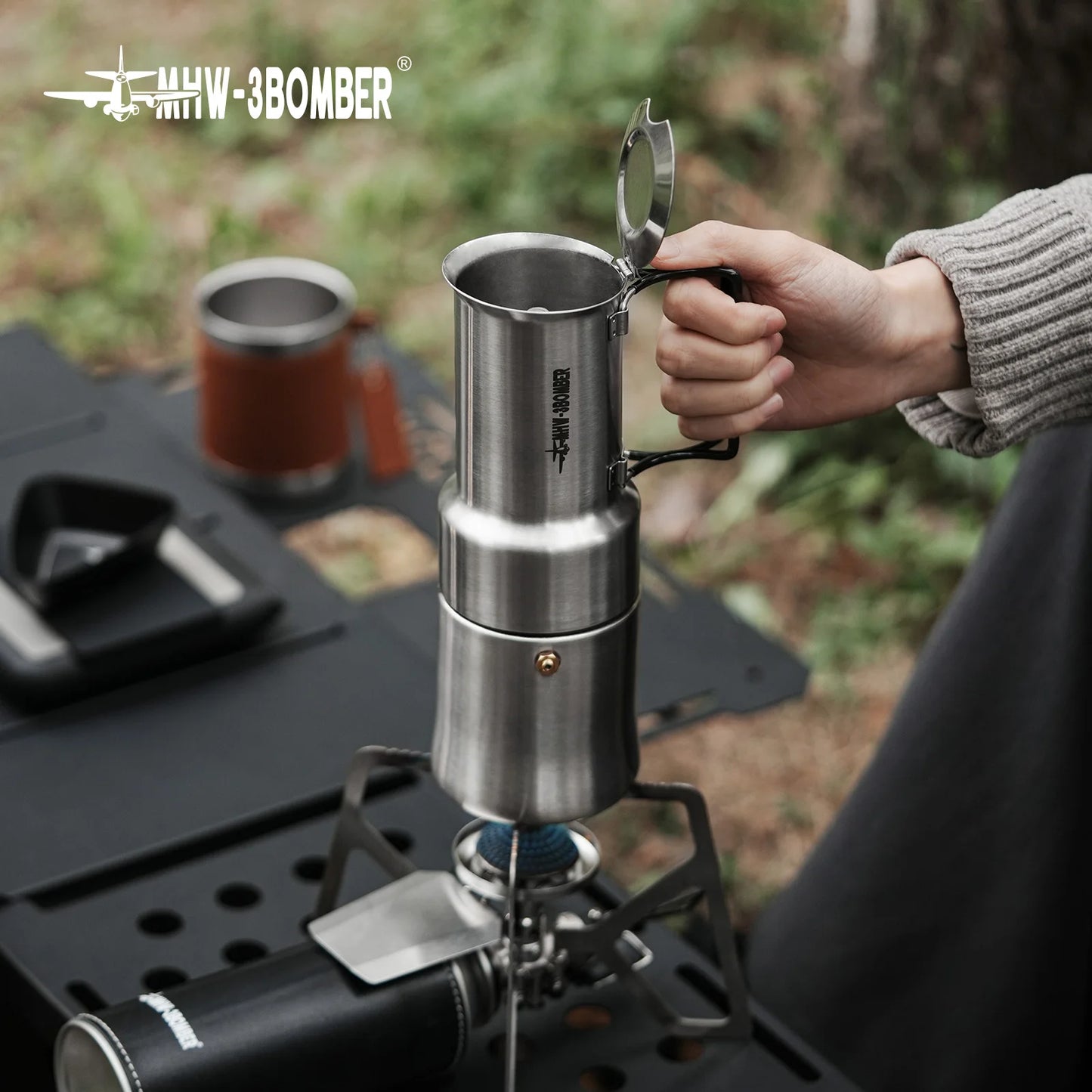 MHW-3BOMEBR Outdoors Moka Stovetop 350ML Espresso Coffee Pot Stainless Steel Portable Coffee Maker for Camping/Travel