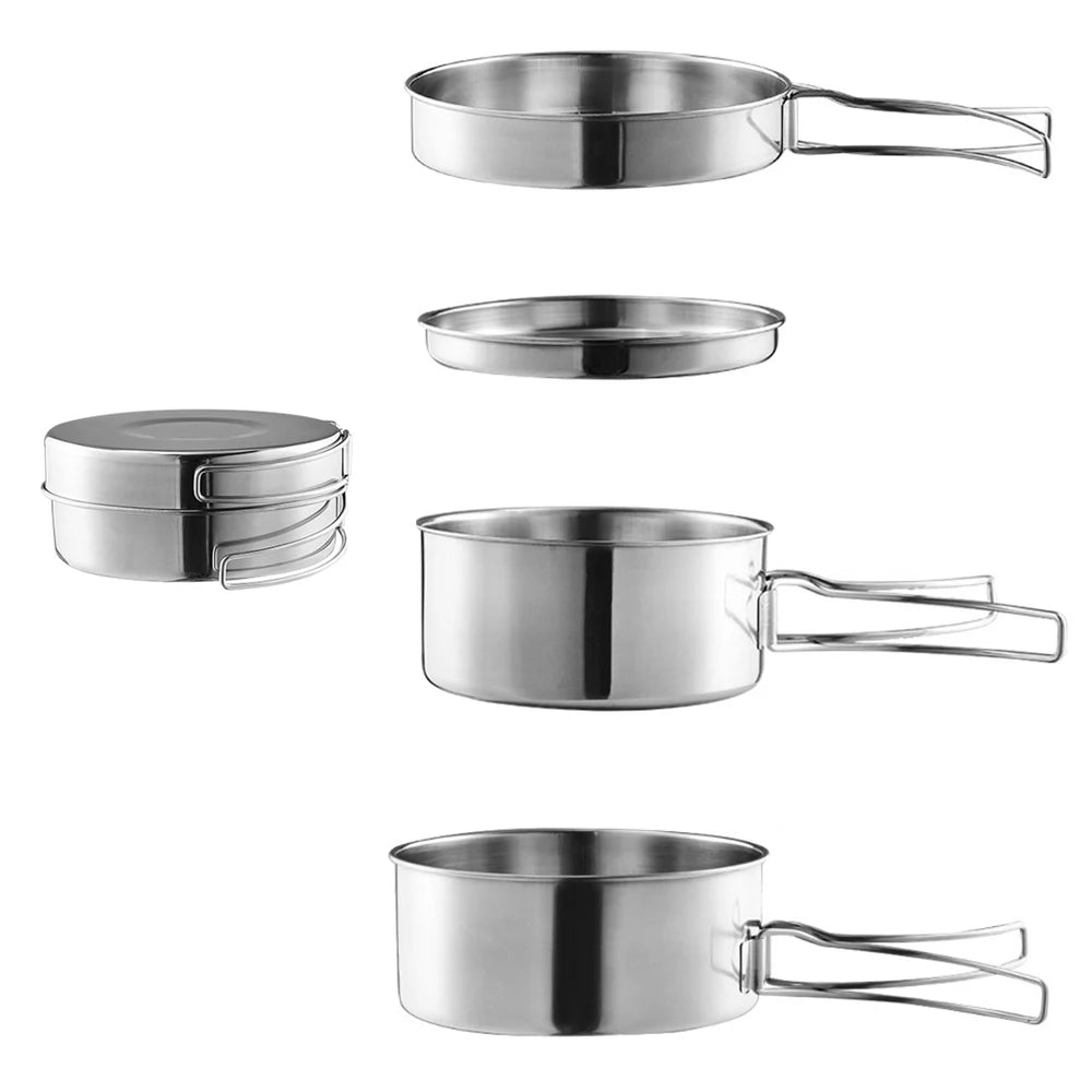 4Pcs/set Stainless Steel Camping Cookware Set - Pot, Bowl & Utensils for Hiking, Picnic, Outdoor Cooking Portable Nesting Design