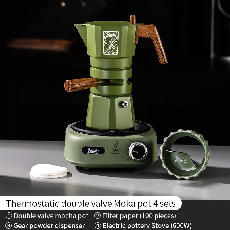 Bincoo Double Valve Moka Pot Espresso Machine Extraction Thermostatic Coffee Mocha Pot Set Outdoor Italian Home Barista Utensils