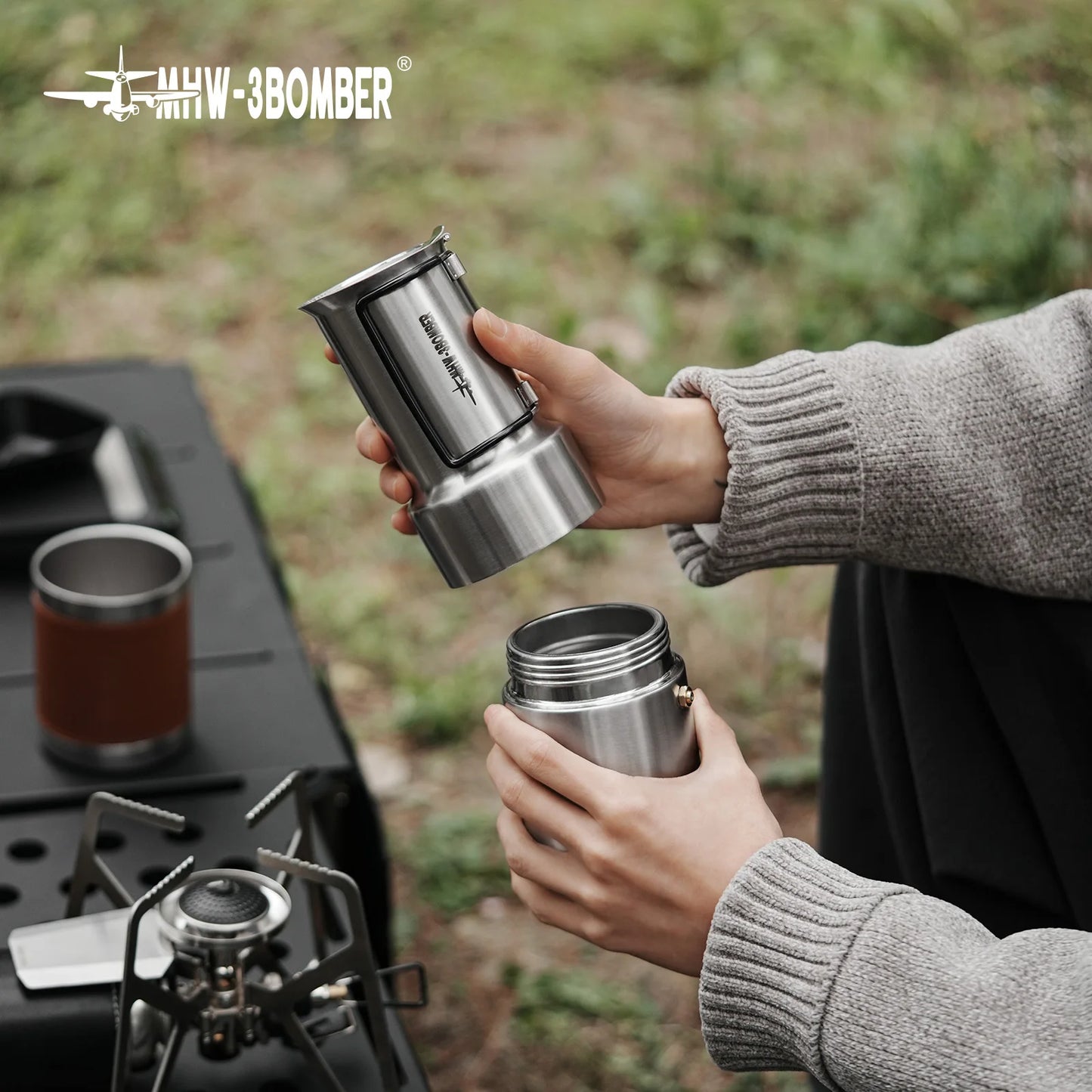 MHW-3BOMEBR Outdoors Moka Stovetop 350ML Espresso Coffee Pot Stainless Steel Portable Coffee Maker for Camping/Travel