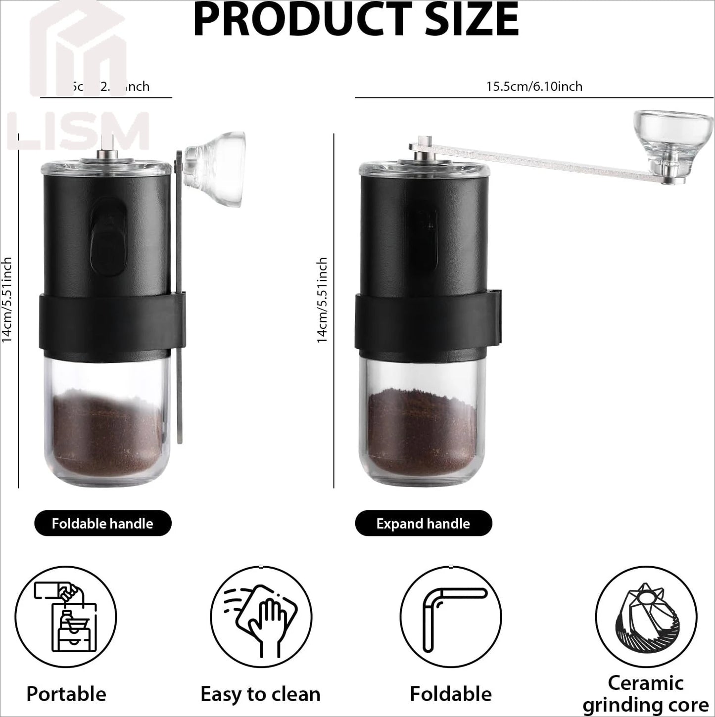 Portable Manual Coffee Bean Grinder with Conical Ceramic Burr Foldable Coffee Grinder for Outdoor Travel Adjustable Coarseness