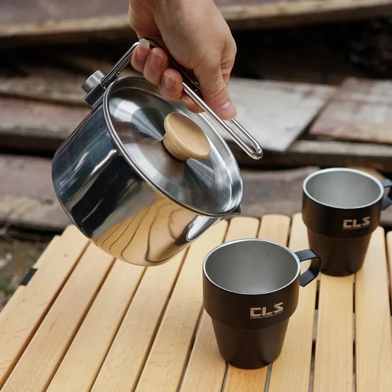 1L Camping Kettle Outdoor Multifunctional 304 Stainless Steel Kettle Mountaineering Portable Coffee Pot Foldable Camping Tea Pot
