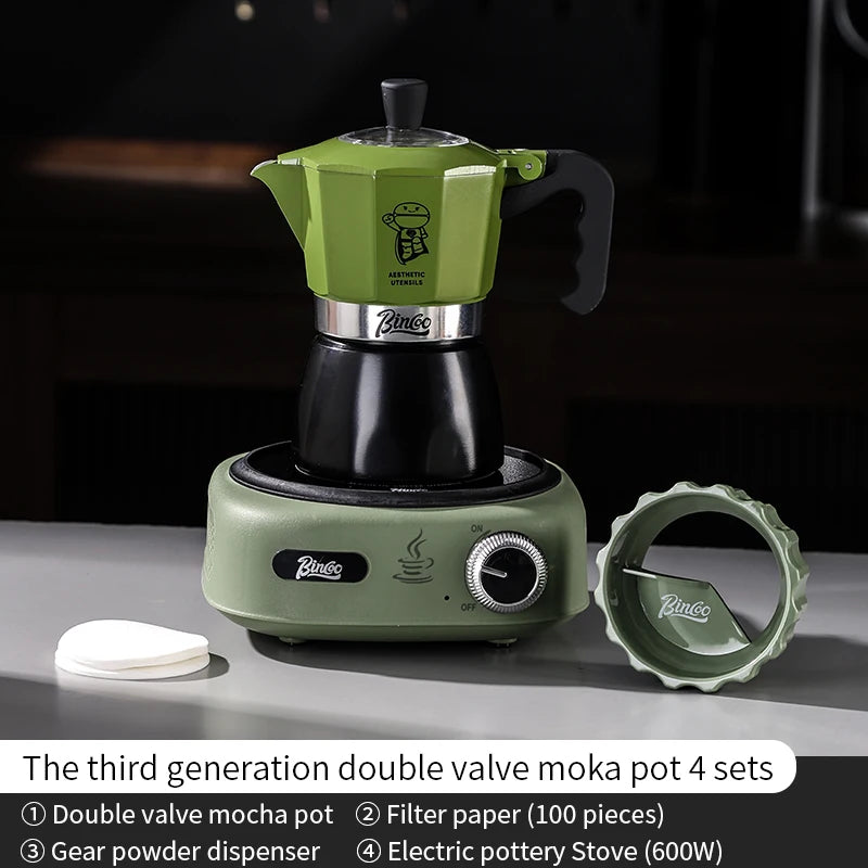 Bincoo Double Valve Moka Pot Espresso Machine Extraction Thermostatic Coffee Mocha Pot Set Outdoor Italian Home Barista Utensils