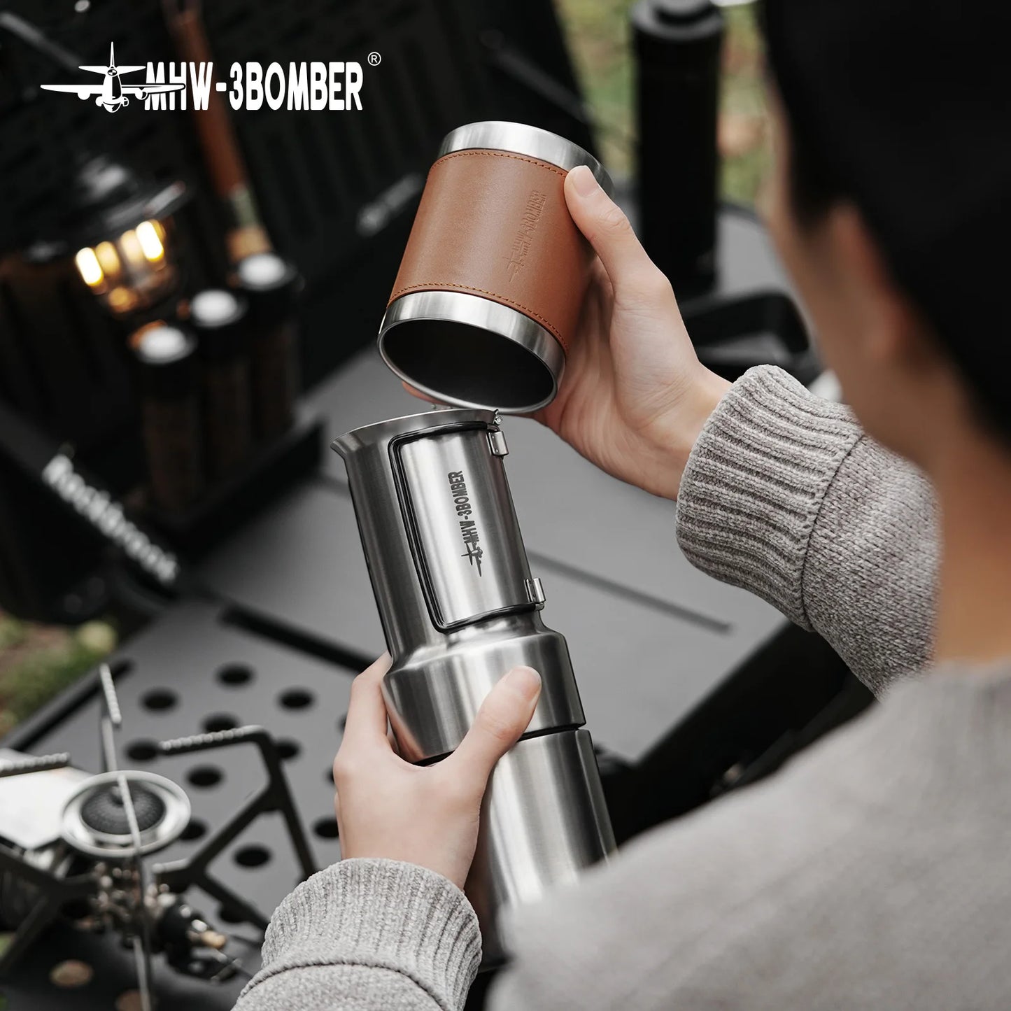 MHW-3BOMEBR Outdoors Moka Stovetop 350ML Espresso Coffee Pot Stainless Steel Portable Coffee Maker for Camping/Travel