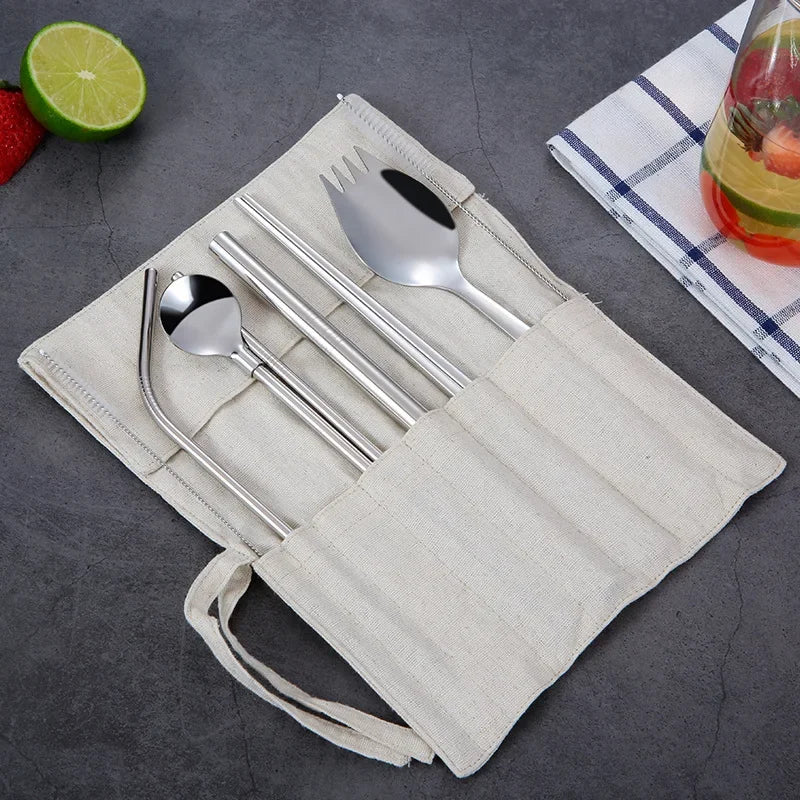 9-Piece 304 Stainless Steel Straw Set with Spoon Fork Chopstick