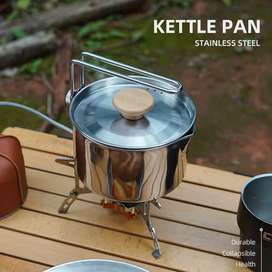 1L Camping Kettle Outdoor Multifunctional 304 Stainless Steel Kettle Mountaineering Portable Coffee Pot Foldable Camping Tea Pot