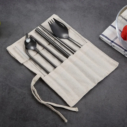 9-Piece 304 Stainless Steel Straw Set with Spoon Fork Chopstick