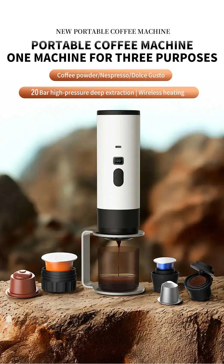 Portable electric coffee machine, capsule coffee maker with wireless heating function, suitable for cars and home camping