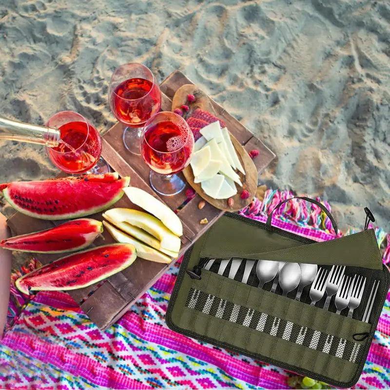 Outdoor Camping Cutlery Storage Bag Portable Roll Up Pouch Bag Cutlery Storage Water Resistant Case For Forks Spoons Chopstick