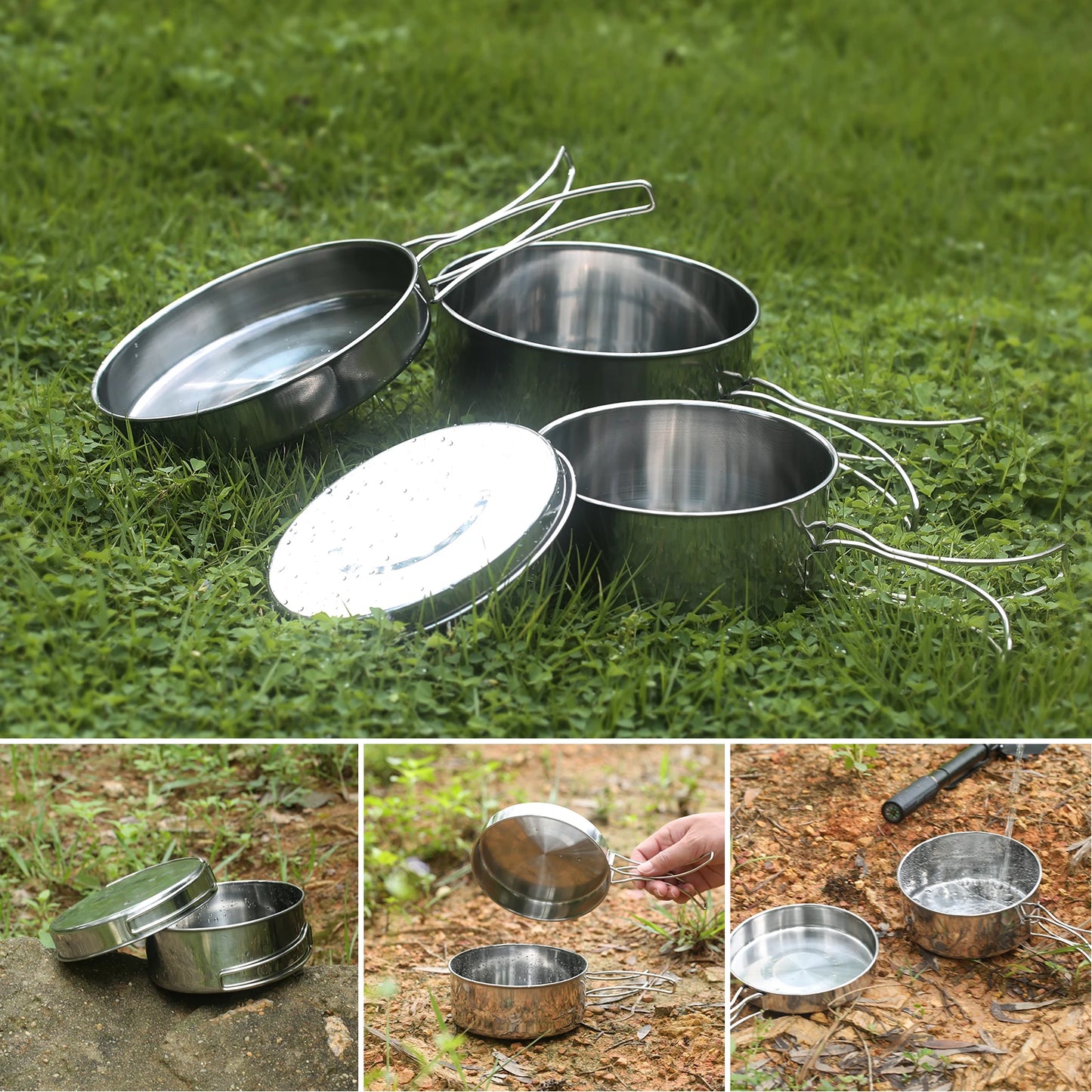 4Pcs/set Stainless Steel Camping Cookware Set - Pot, Bowl & Utensils for Hiking, Picnic, Outdoor Cooking Portable Nesting Design