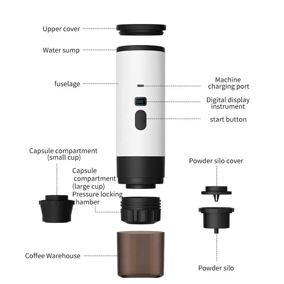 Portable electric coffee machine, capsule coffee maker with wireless heating function, suitable for cars and home camping