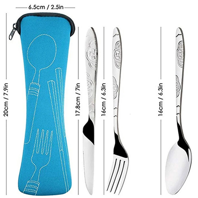 Portable 3 Piece Steel Cutlery Set for Camping and Traveling
