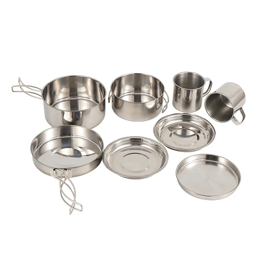 Camping Cookware Mess Kit 8PCS Stainless Steel Cooking Pot and Pan Set with Plates Cups for Outdoor Camping Hiking Backpacking