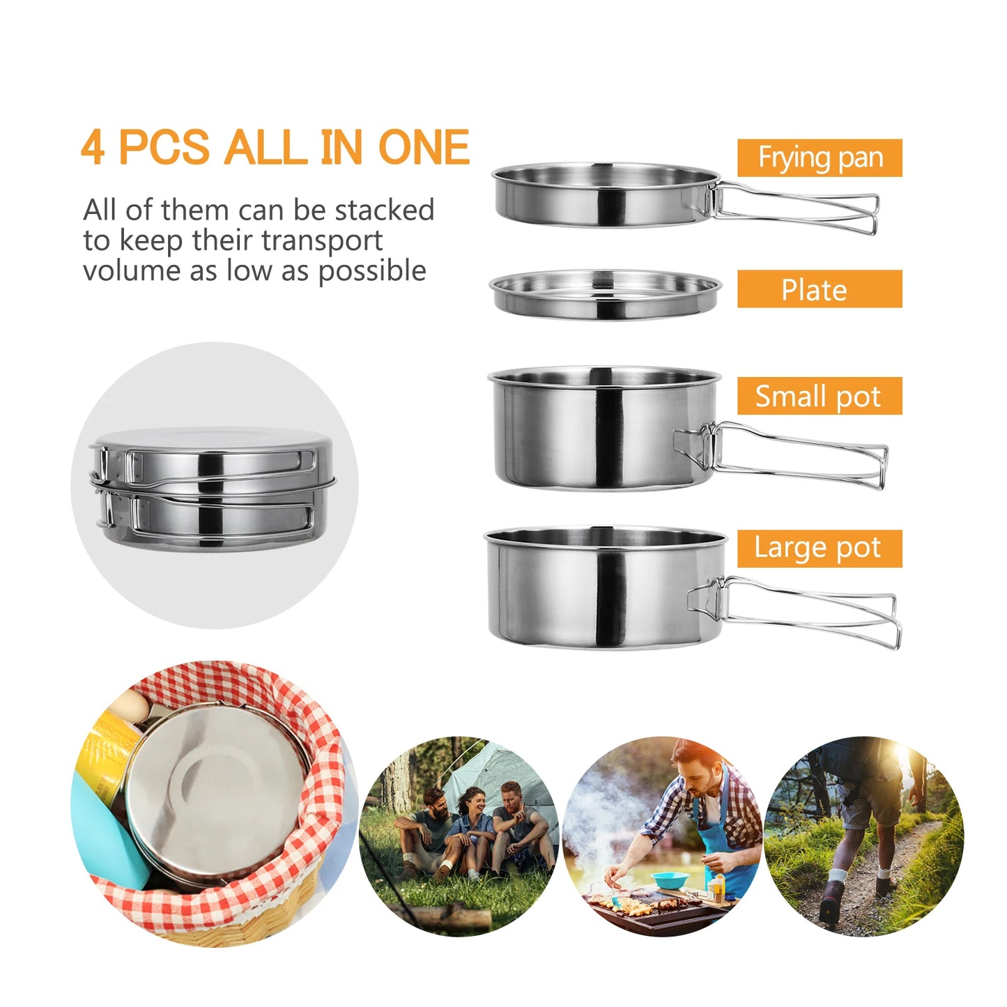 4Pcs/set Stainless Steel Camping Cookware Set - Pot, Bowl & Utensils for Hiking, Picnic, Outdoor Cooking Portable Nesting Design
