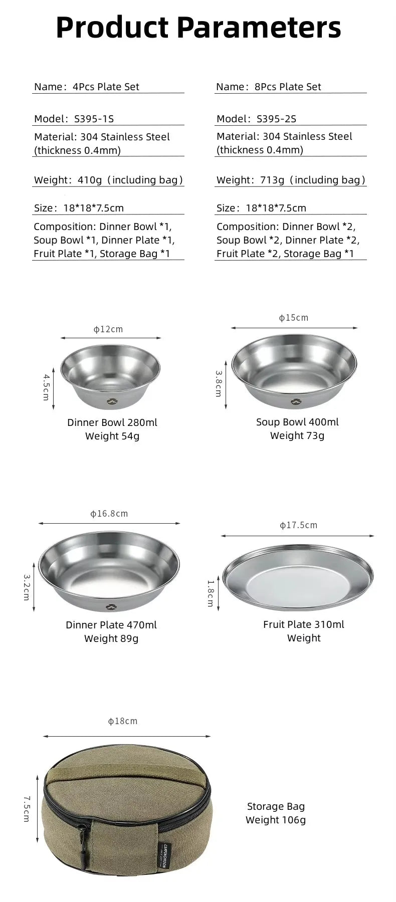 CAMPINGMOON Stainless Steel 304 Bowl Plate Dish Camping Cookware Set Japan Korea Style BBQ Outdoor Dish 8 Piece With Plate Set