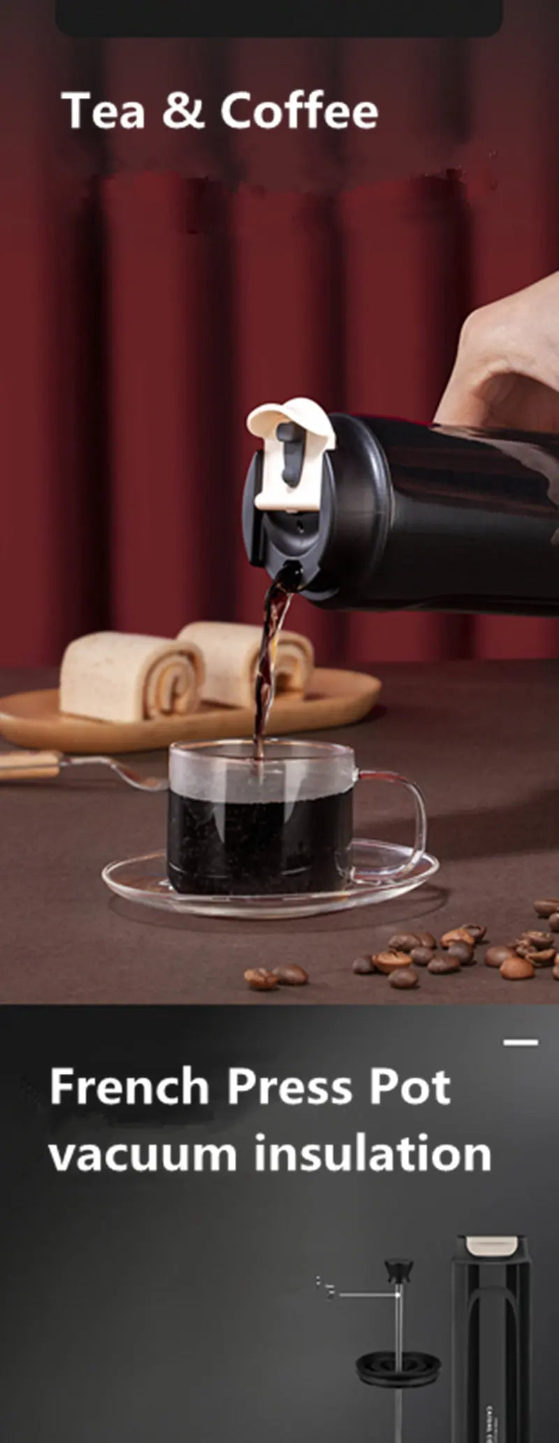 Portable French Press Coffee Maker 316 Stainless Steel Insulated Small French Press Pot For Camping Travel Cup Leakproof  470ML