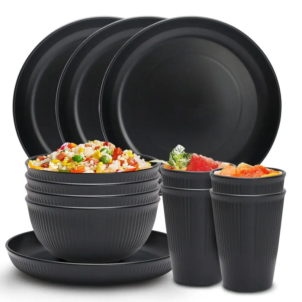 Black plastic cutlery set plates spitting dishes bowl cups cutlery for outdoor camping party