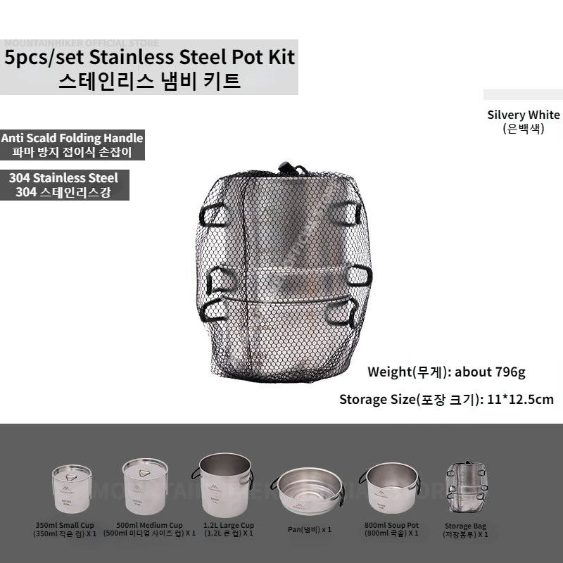 MOUNTAINHIKER 5PCS Camping Cookware 304 Stainless Steel Portable Outdoor Tableware Cookset Cooking Kit Pan Pot Hiking BBQ Picnic