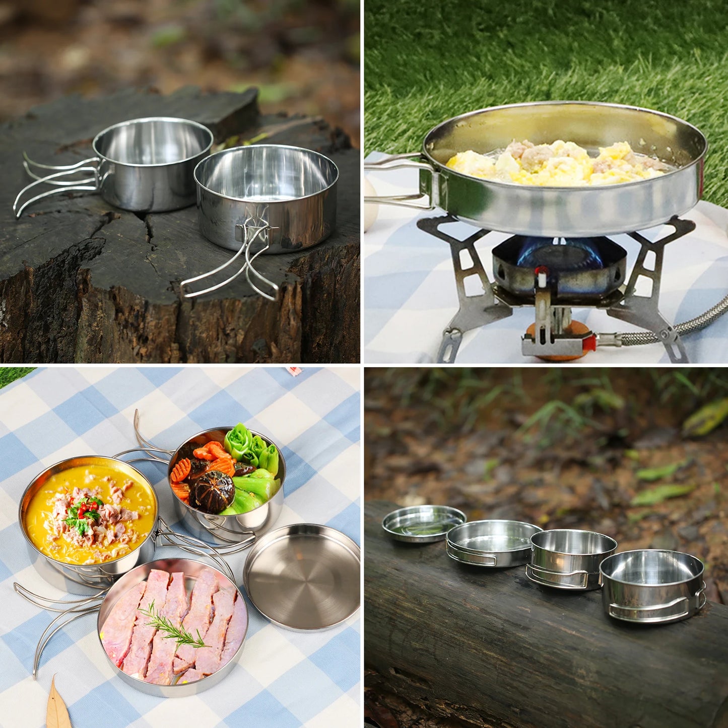 4Pcs/set Stainless Steel Camping Cookware Set - Pot, Bowl & Utensils for Hiking, Picnic, Outdoor Cooking Portable Nesting Design