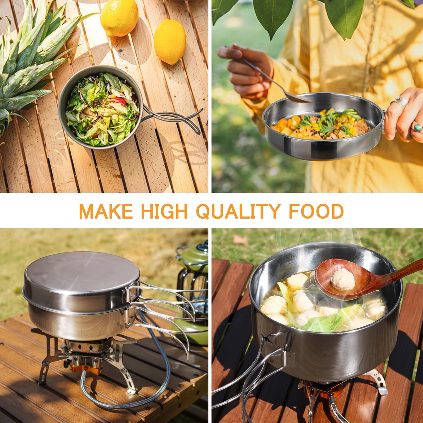 4Pcs/set Stainless Steel Camping Cookware Set - Pot, Bowl & Utensils for Hiking, Picnic, Outdoor Cooking Portable Nesting Design