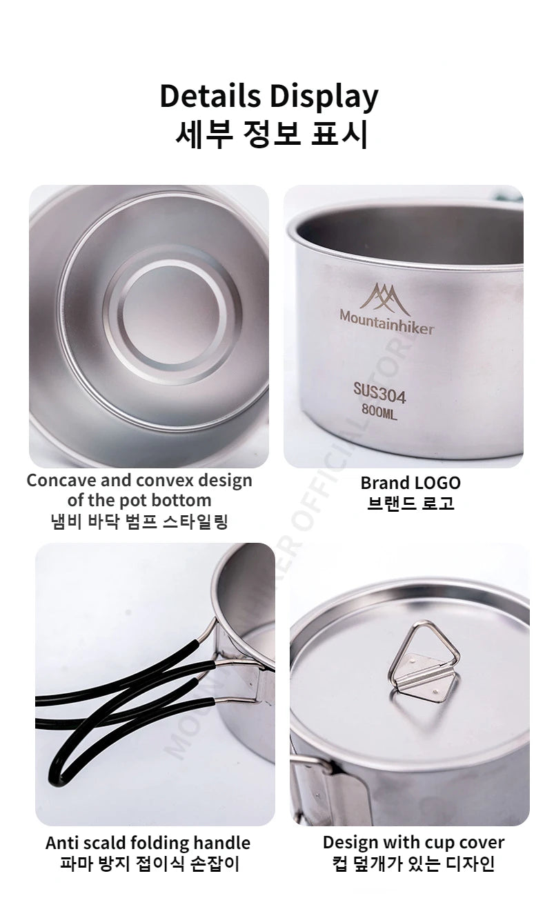 MOUNTAINHIKER 5PCS Camping Cookware 304 Stainless Steel Portable Outdoor Tableware Cookset Cooking Kit Pan Pot Hiking BBQ Picnic