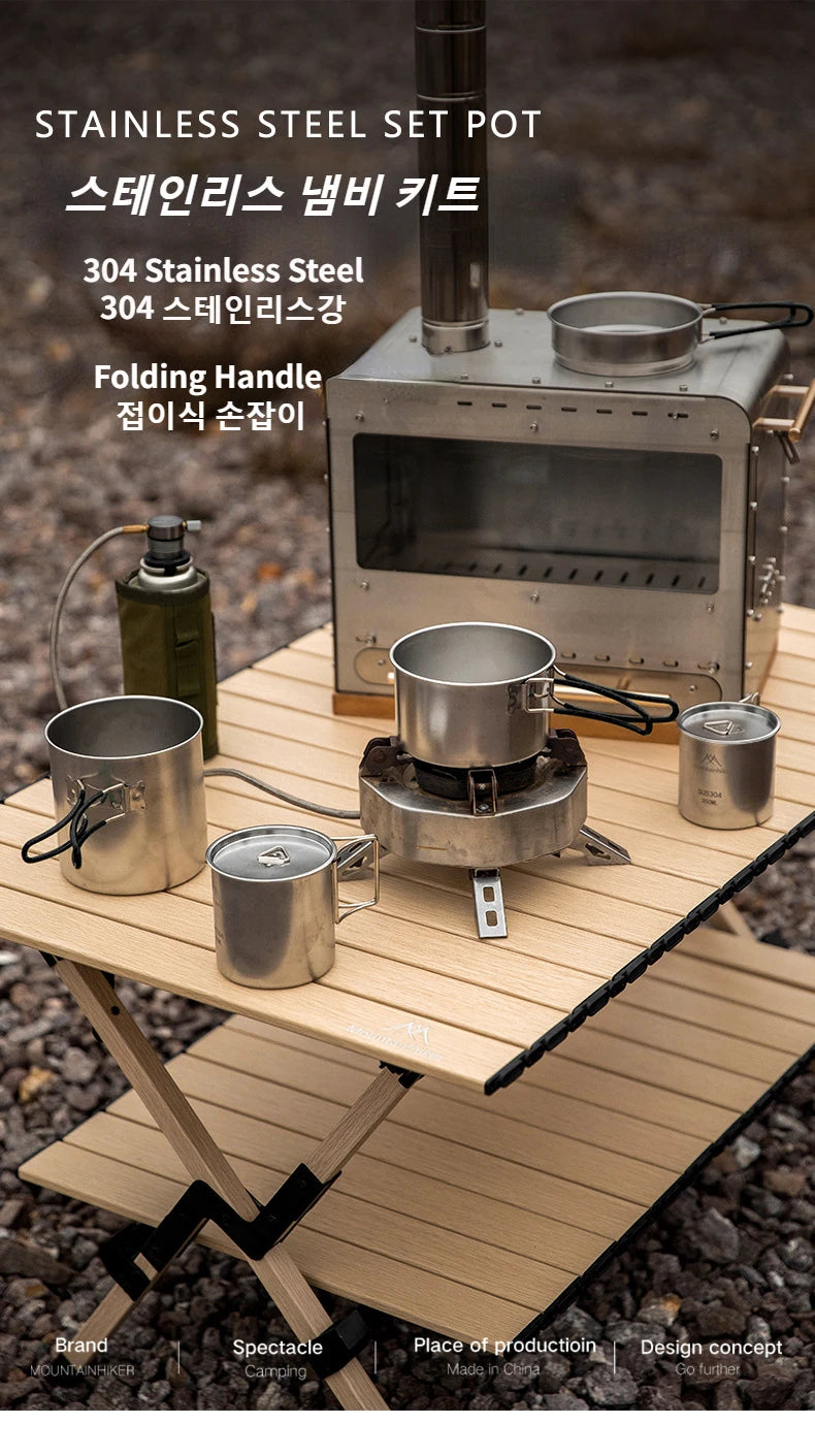 MOUNTAINHIKER 5PCS Camping Cookware 304 Stainless Steel Portable Outdoor Tableware Cookset Cooking Kit Pan Pot Hiking BBQ Picnic