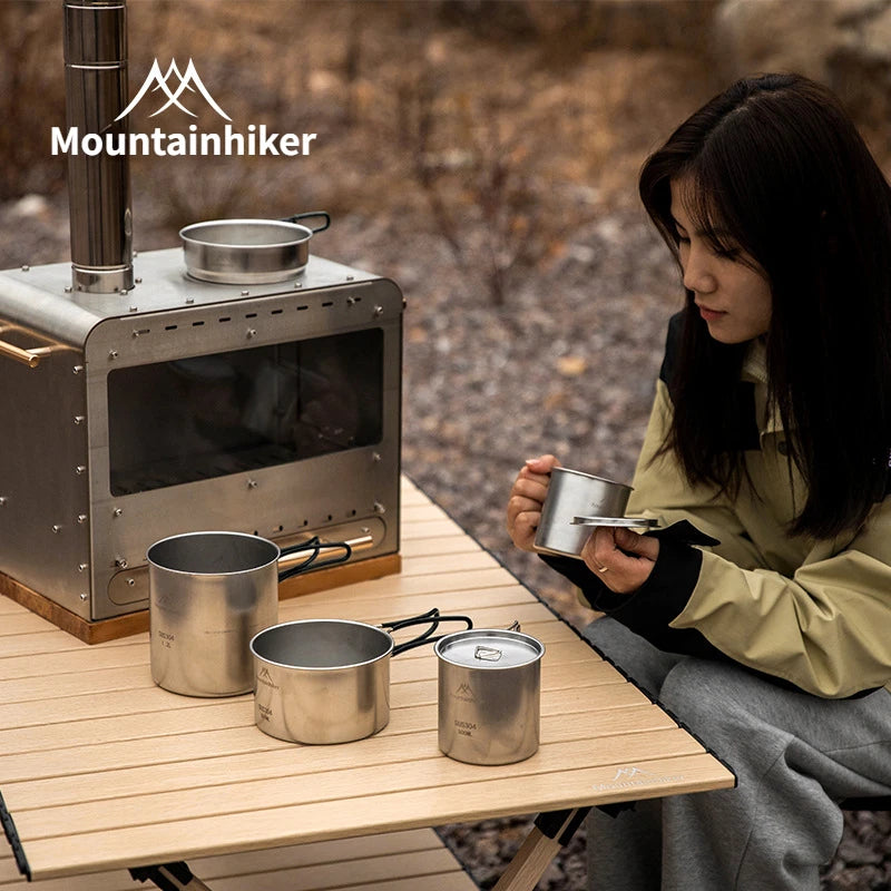 MOUNTAINHIKER 5PCS Camping Cookware 304 Stainless Steel Portable Outdoor Tableware Cookset Cooking Kit Pan Pot Hiking BBQ Picnic
