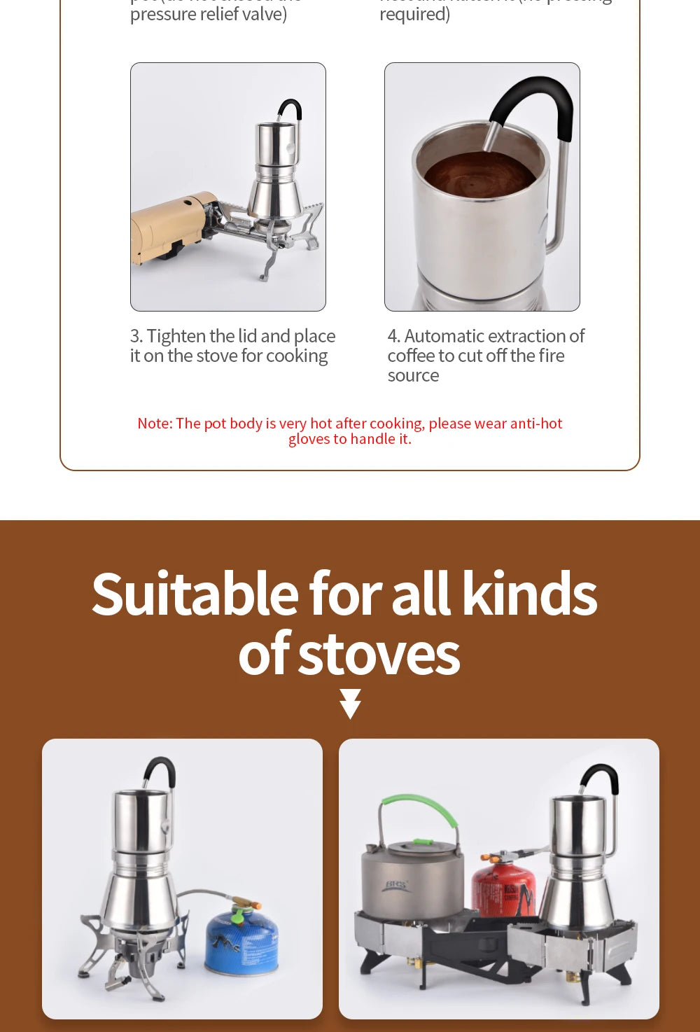 BRS Camping Stovetop Coffee Distiller Outdoor Brewed Coffee Grinder Maker Stainless Steel Moka Pot for Picnic Office Home