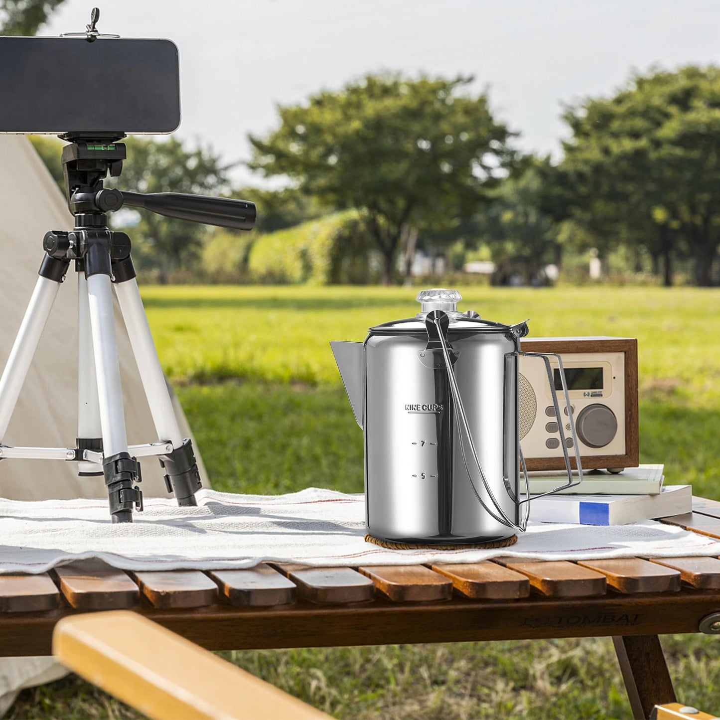 1.2L Outdoor 9 Cup Stainless Steel Percolator Coffee Pot Coffee Maker for Camping Home Kitchen