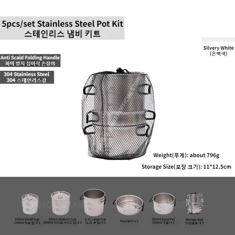 MOUNTAINHIKER 5PCS Camping Cookware 304 Stainless Steel Portable Outdoor Tableware Cookset Cooking Kit Pan Pot Hiking BBQ Picnic