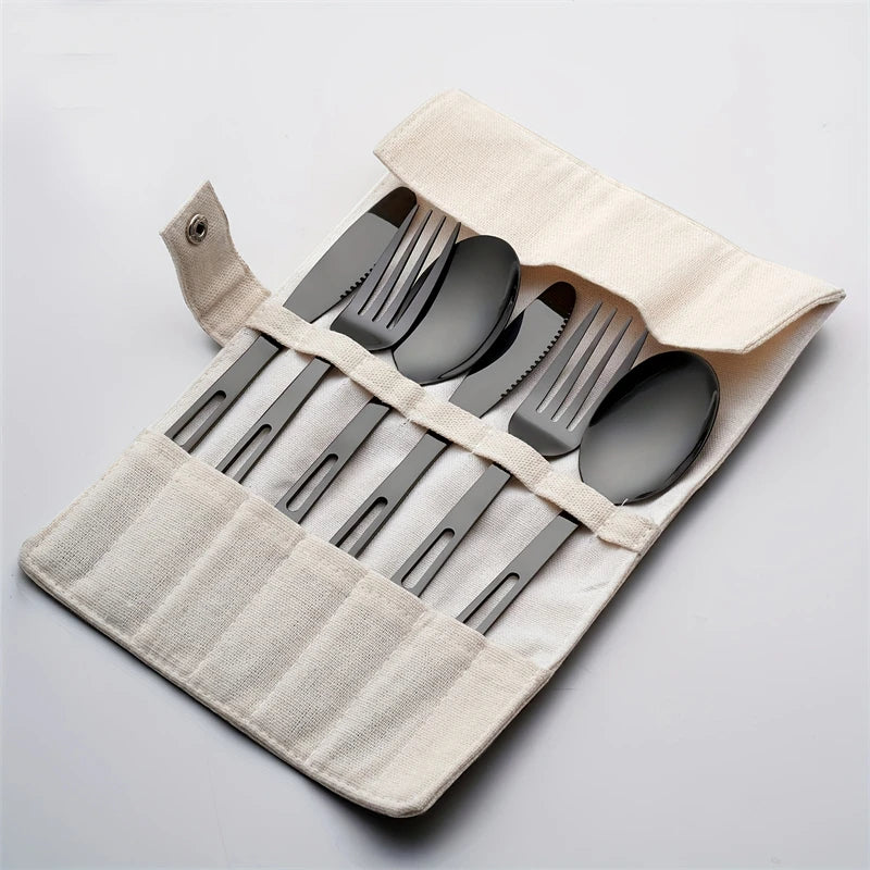 6PCS Stainless Steel Camping Cutlery Set Portable Travel Picnic Utensils Fork Spoon Knife Outdoor Dinnerware for Hiking