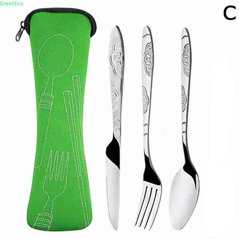 Portable 3 Piece Steel Cutlery Set for Camping and Traveling