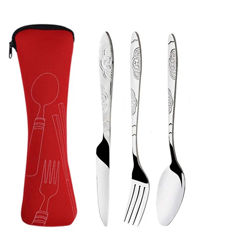 Portable 3 Piece Steel Cutlery Set for Camping and Traveling