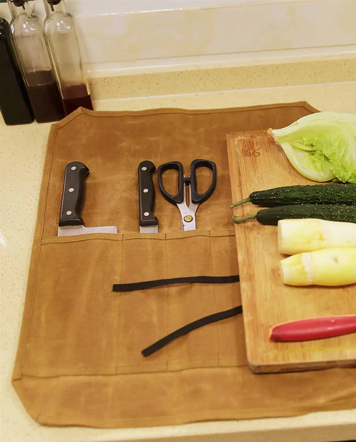 Chef Knife Bag Kitchen Roll Bag Heavy Duty Canvas Waxed Canvas Portable Durable Waterproof Knife Storage Camping BBQ