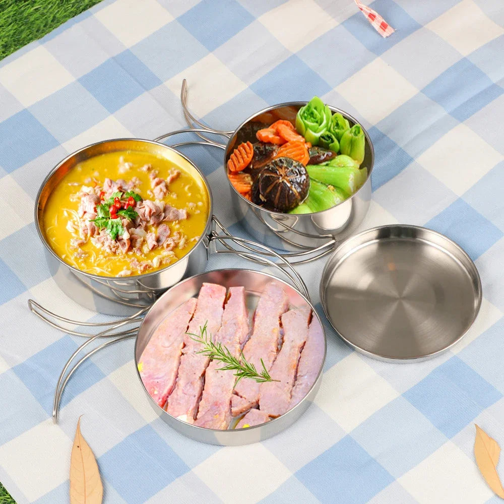 4Pcs/set Stainless Steel Camping Cookware Set - Pot, Bowl & Utensils for Hiking, Picnic, Outdoor Cooking Portable Nesting Design