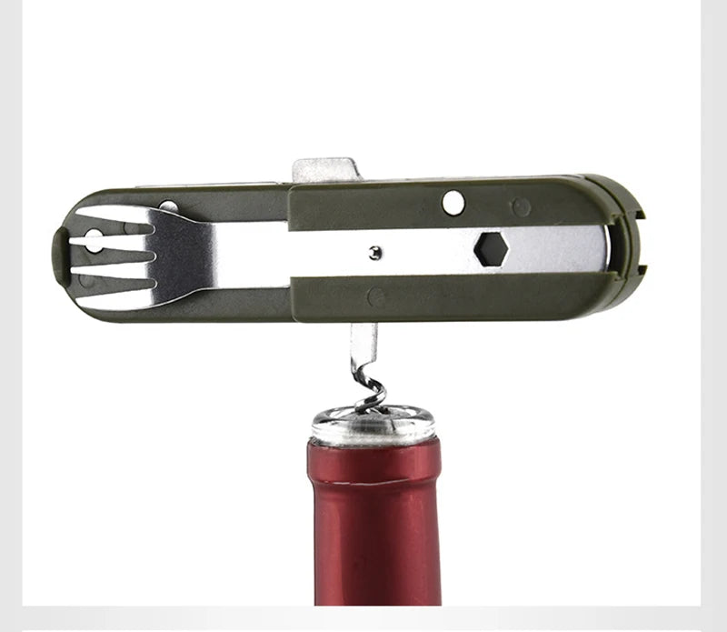 Camping Folding Picnic Cutlery Knife Portable Stainless Steel Army Green Fork Spoon Bottle Opener Flatware Tableware Travel Kit