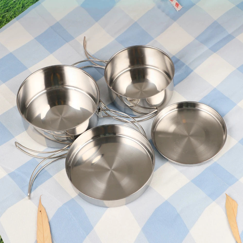 4Pcs/set Stainless Steel Camping Cookware Set - Pot, Bowl & Utensils for Hiking, Picnic, Outdoor Cooking Portable Nesting Design