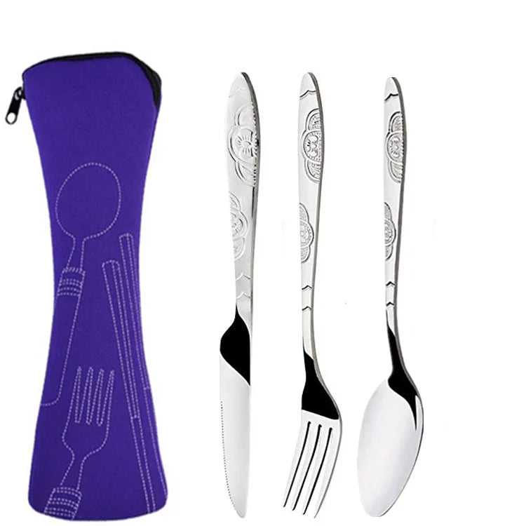 Portable 3 Piece Steel Cutlery Set for Camping and Traveling