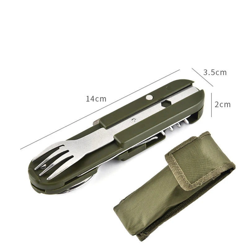 Camping Folding Picnic Cutlery Knife Portable Stainless Steel Army Green Fork Spoon Bottle Opener Flatware Tableware Travel Kit
