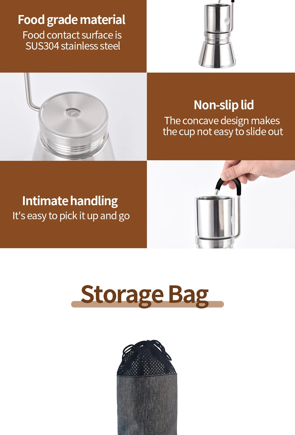 BRS Camping Stovetop Coffee Distiller Outdoor Brewed Coffee Grinder Maker Stainless Steel Moka Pot for Picnic Office Home