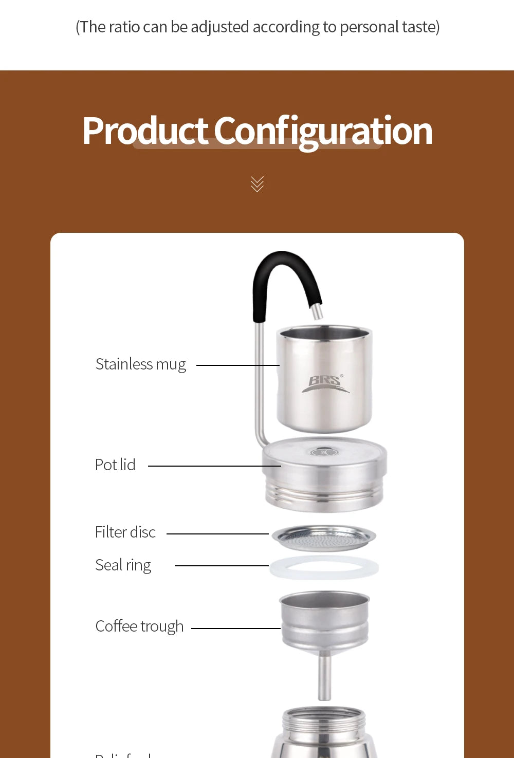 BRS Camping Stovetop Coffee Distiller Outdoor Brewed Coffee Grinder Maker Stainless Steel Moka Pot for Picnic Office Home