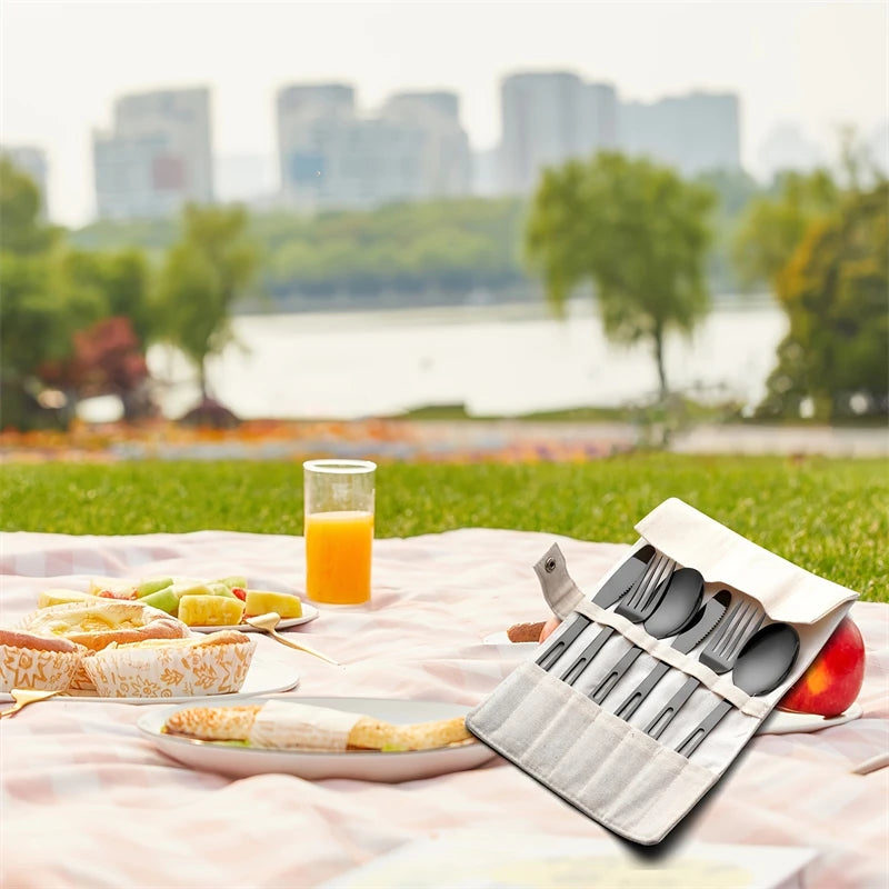 6PCS Stainless Steel Camping Cutlery Set Portable Travel Picnic Utensils Fork Spoon Knife Outdoor Dinnerware for Hiking